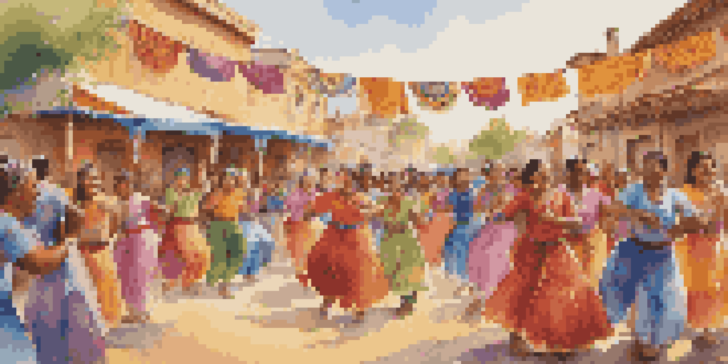 A lively community festival with people of different backgrounds dancing and playing traditional music under warm sunlight.