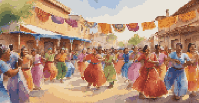 A lively community festival with people of different backgrounds dancing and playing traditional music under warm sunlight.