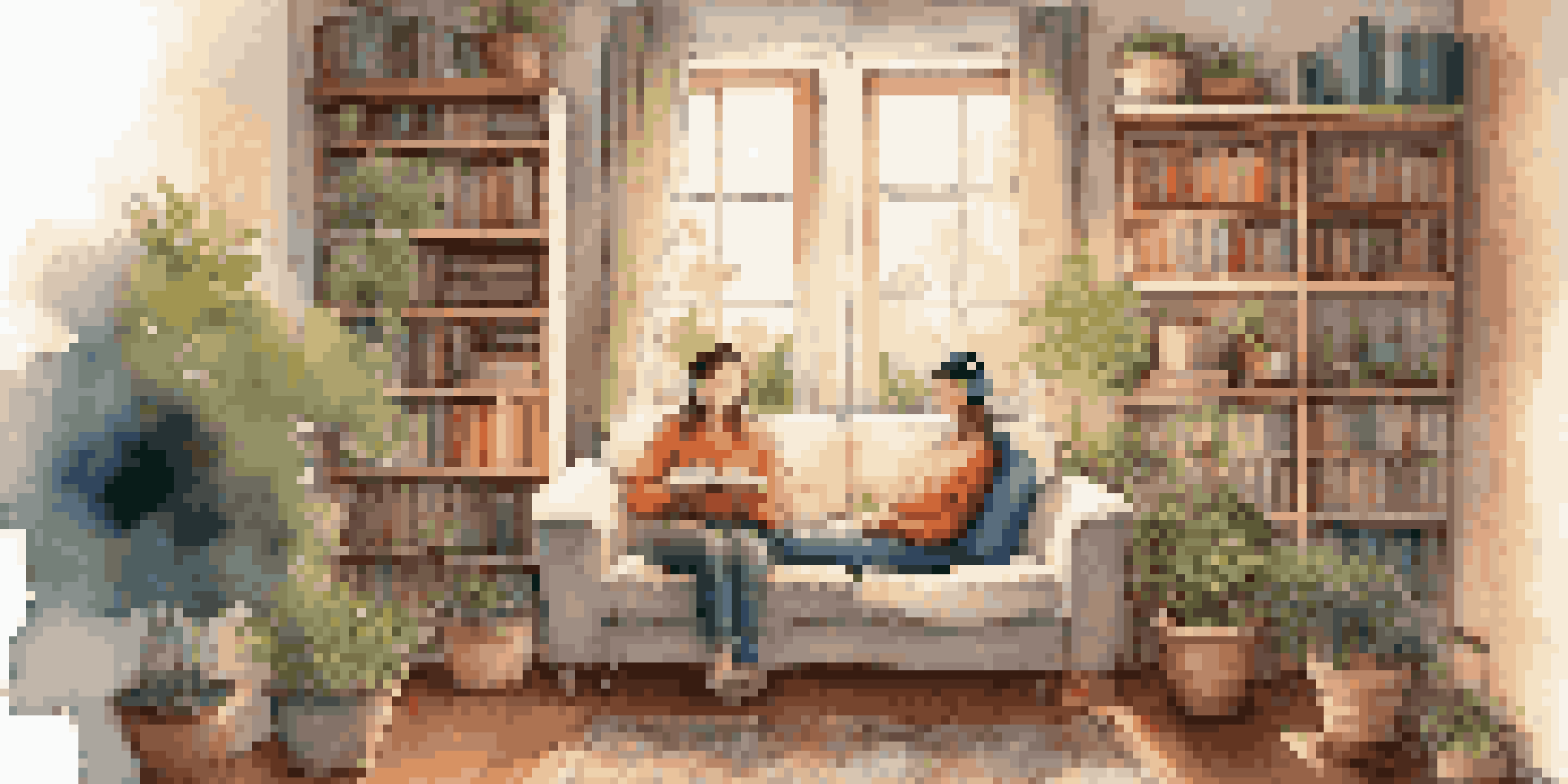 A person enjoying music on a sofa in a warmly lit room, surrounded by plants and books, with a cup of tea on a side table.