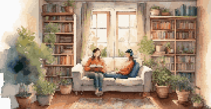 A person enjoying music on a sofa in a warmly lit room, surrounded by plants and books, with a cup of tea on a side table.