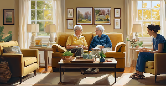 An elderly couple enjoying each other's company in a cozy living room, with music notes symbolizing joy and nostalgia around them.