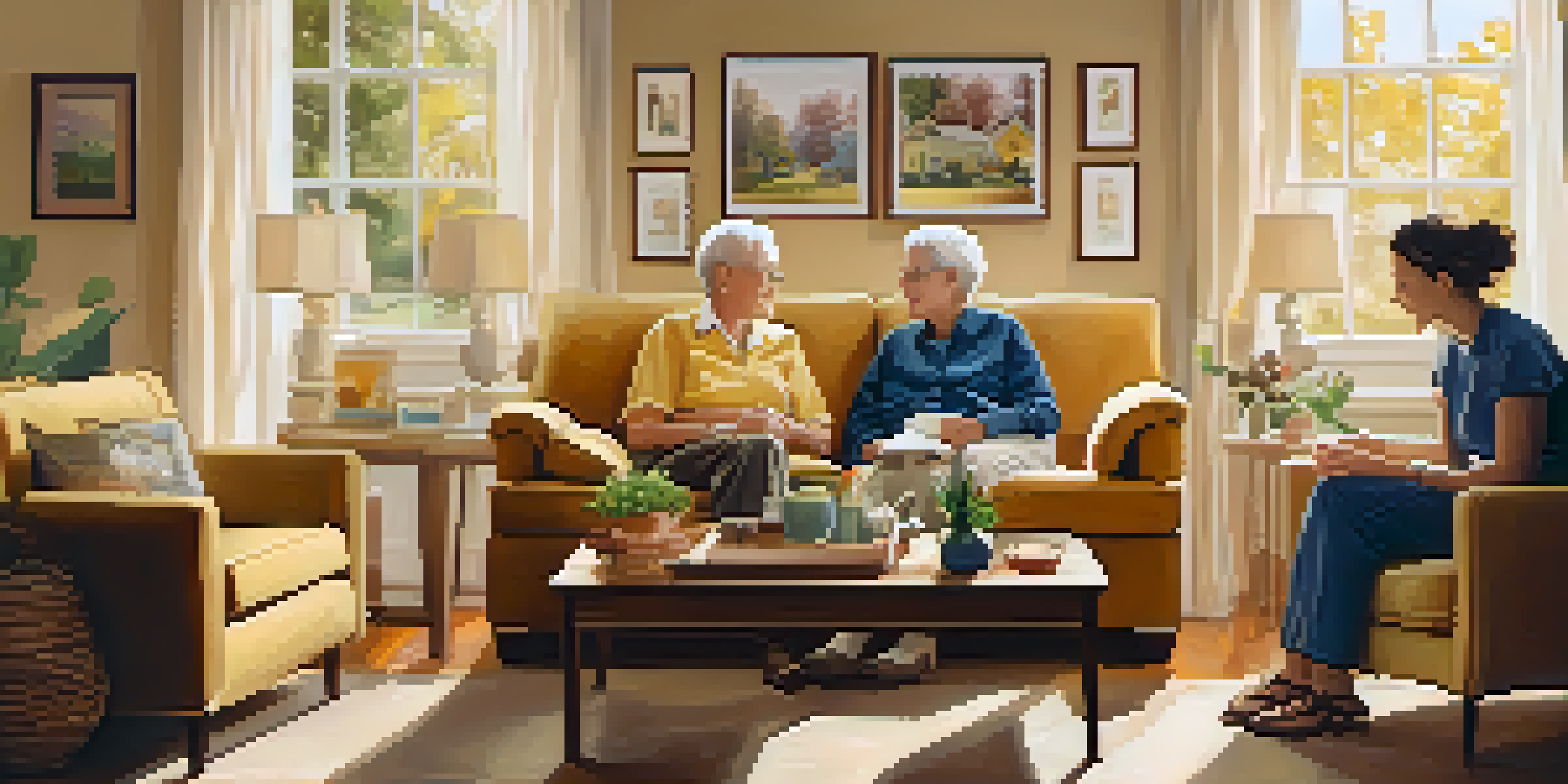 An elderly couple enjoying each other's company in a cozy living room, with music notes symbolizing joy and nostalgia around them.