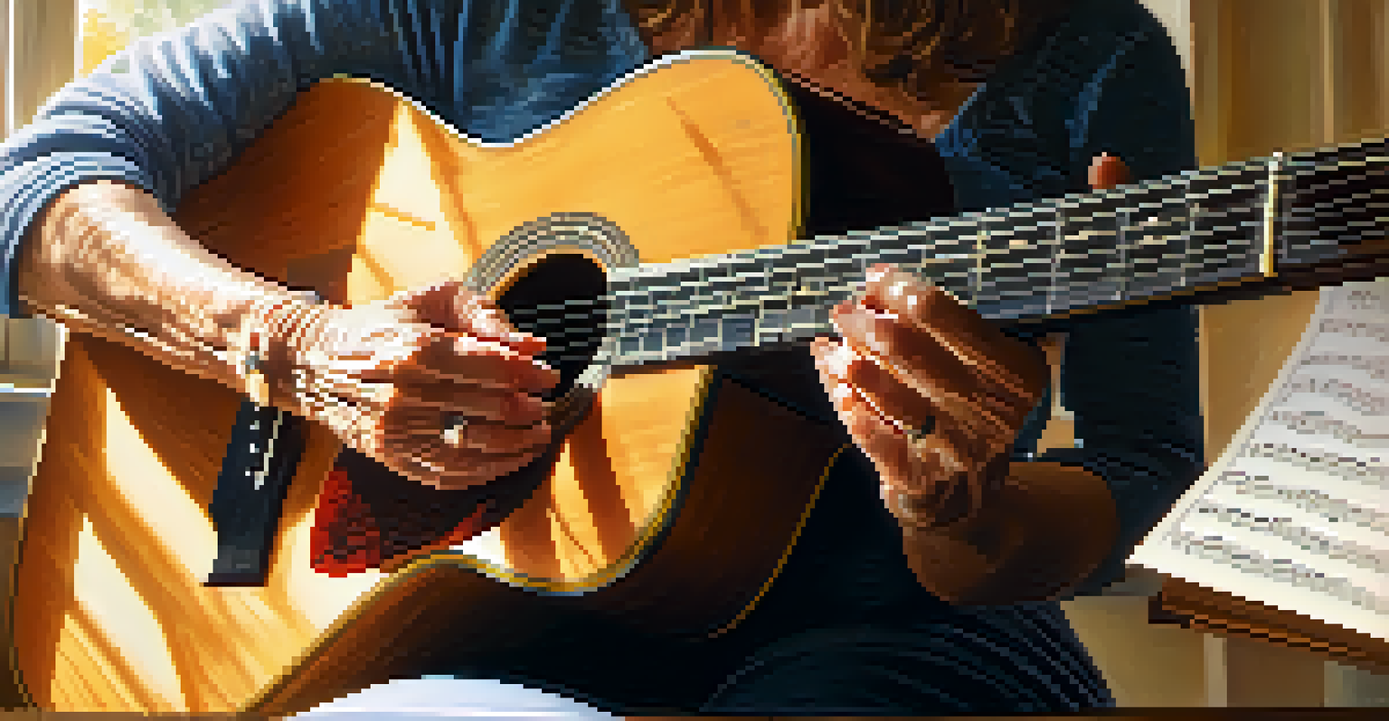 A senior woman playing an acoustic guitar, with sunlit ambiance and music sheets in the background.
