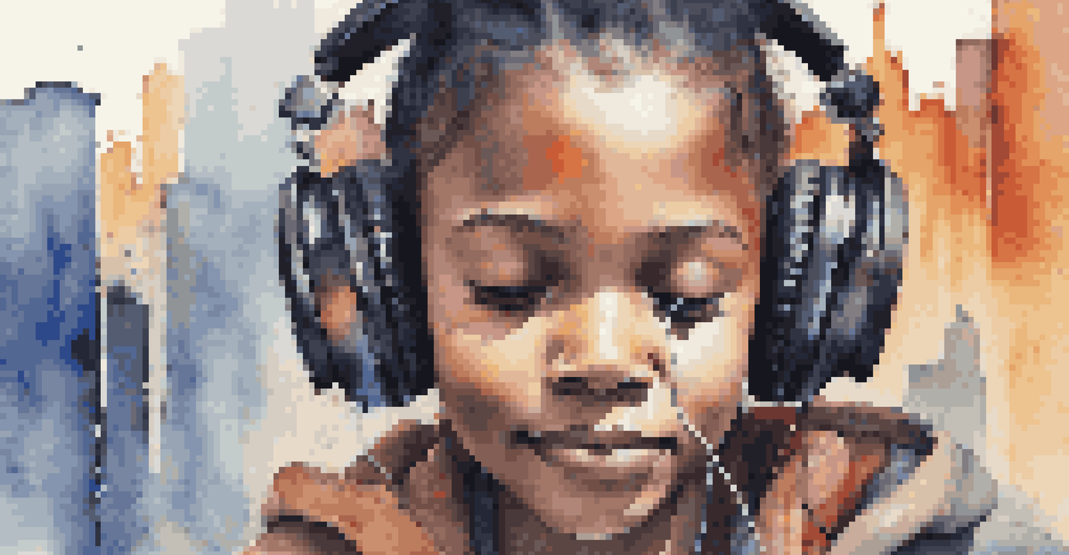 A close-up of a young person wearing headphones, immersed in music, with a blurred cityscape in the background and colorful sound waves around them.