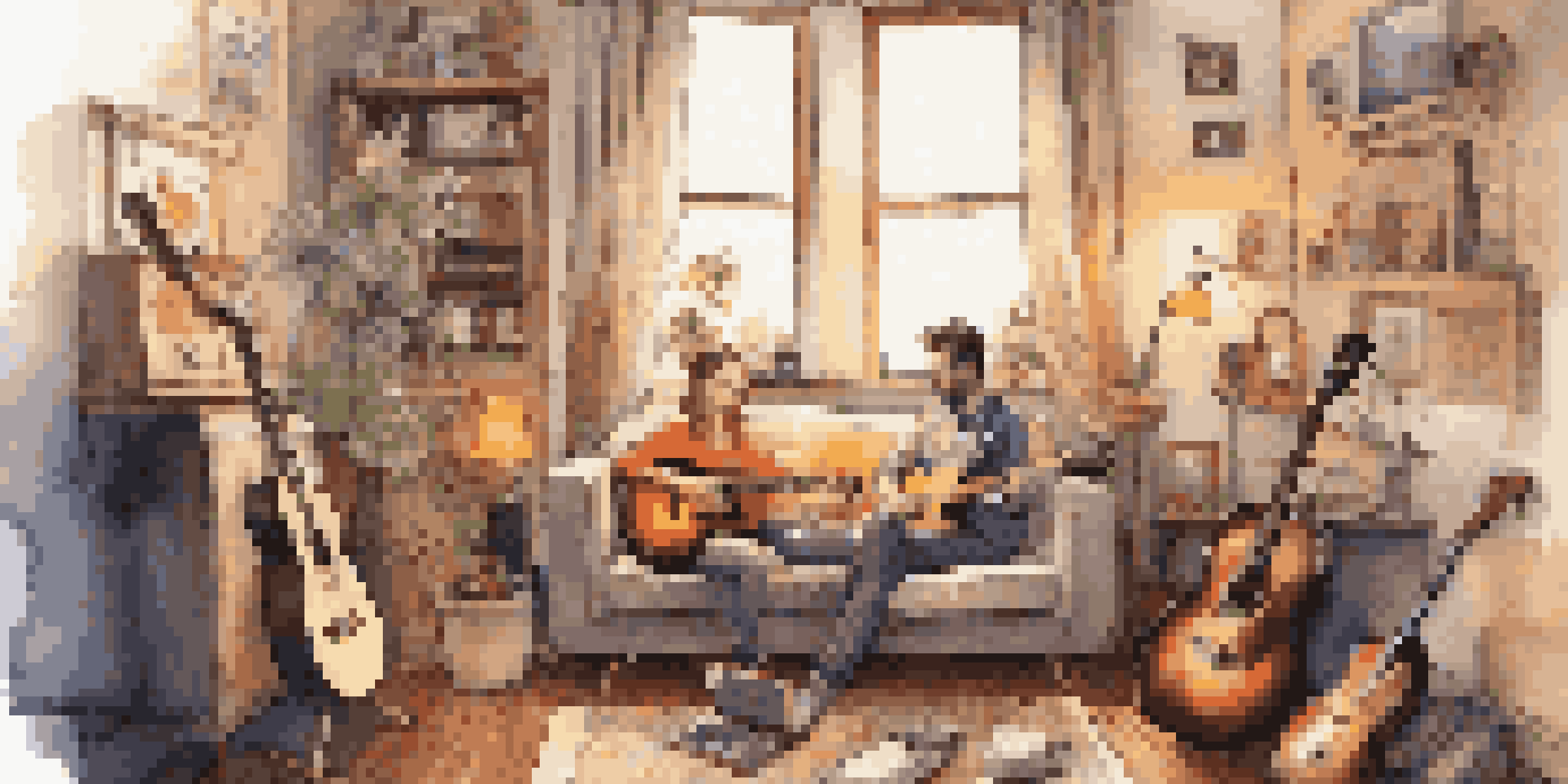 A musician journaling surrounded by instruments in a cozy room with warm lighting and colorful artwork.