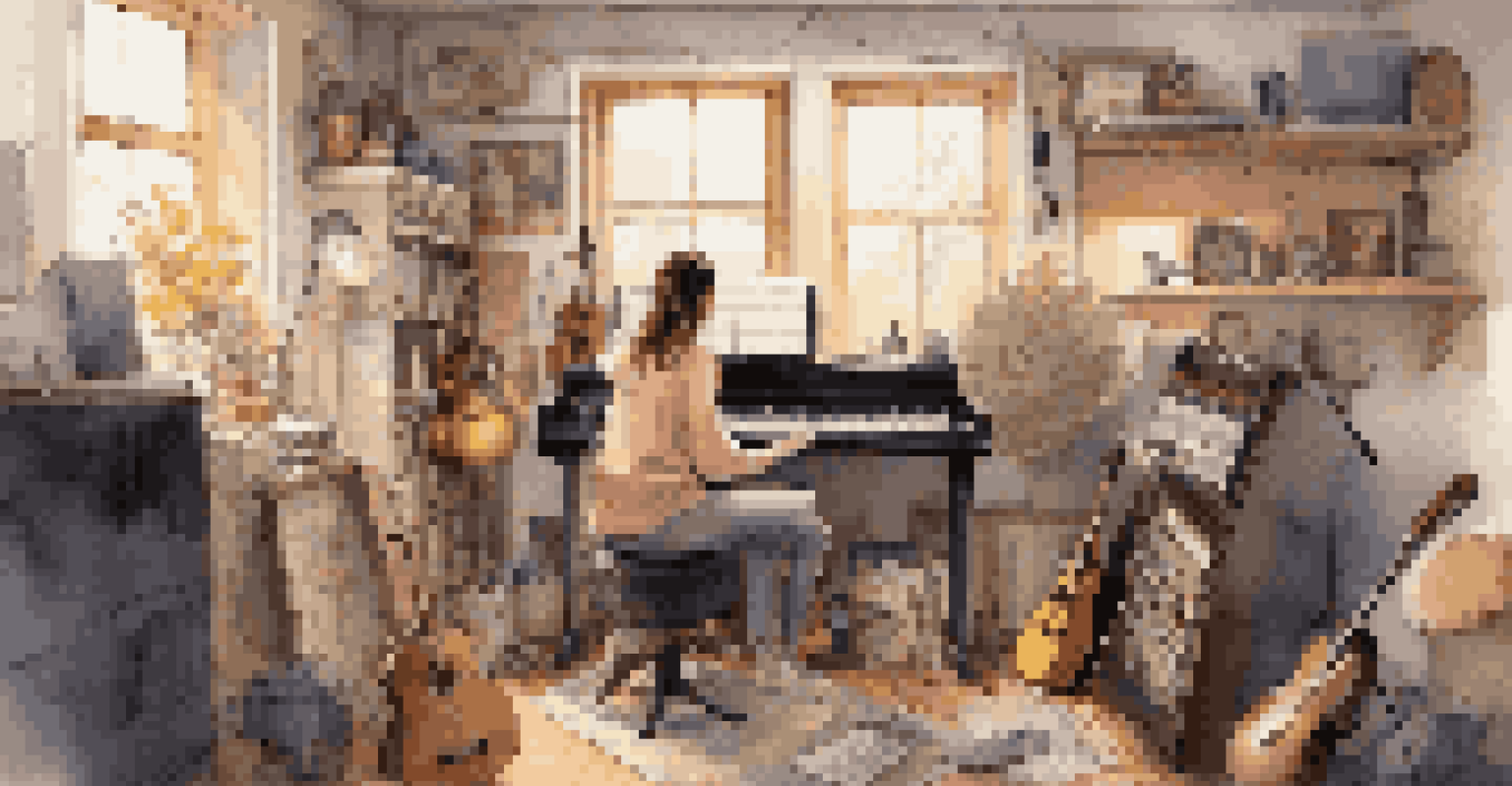 A female musician in a home studio, writing music with instruments and notes around her, illuminated by warm natural light.