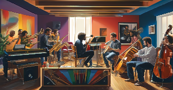 A diverse group of musicians working together in a modern studio, surrounded by colorful instruments and warm lighting.