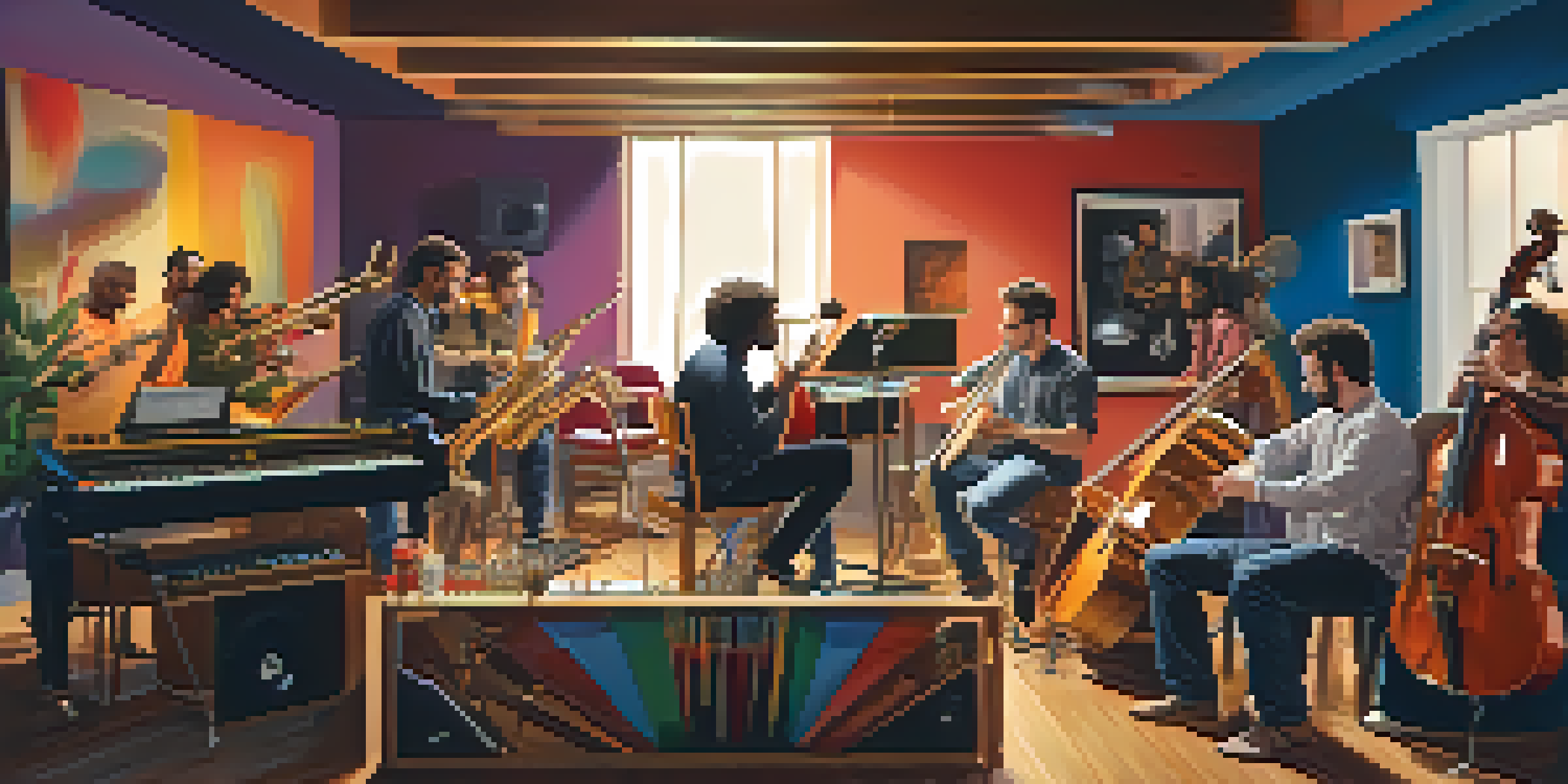 A diverse group of musicians working together in a modern studio, surrounded by colorful instruments and warm lighting.