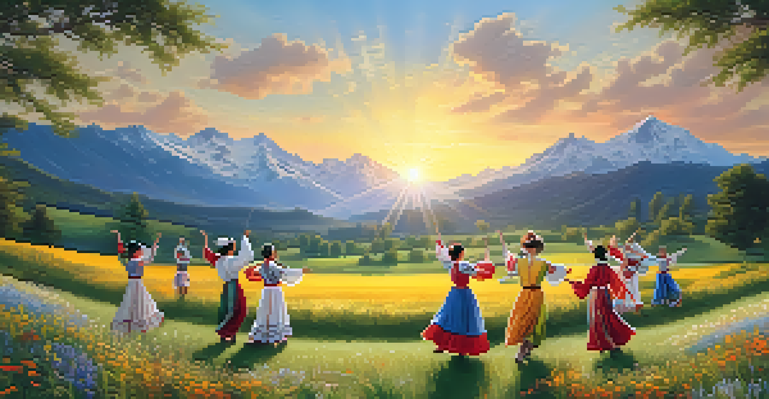 Dancers in traditional costumes performing a folk dance in a beautiful meadow during sunset.