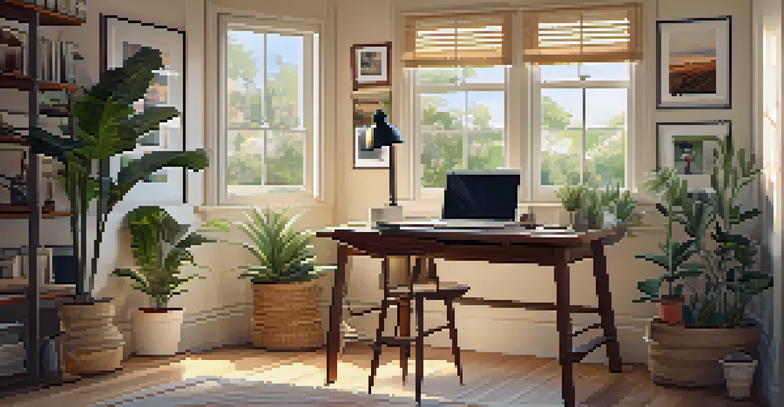 A well-lit home office with a wooden desk, laptop, and potted plants, creating a warm and inviting atmosphere.