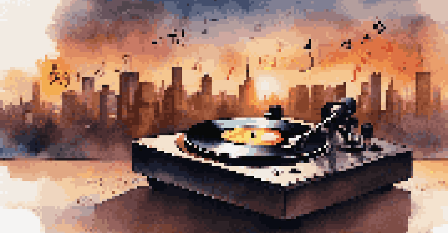 A close-up of a spinning vinyl record with musical notes and a city skyline at sunset in the background.