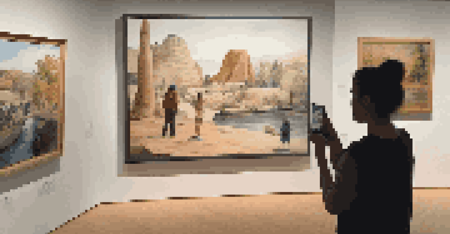 A visitor using a smartphone at an art exhibit, revealing animations and sounds that complement the painting.