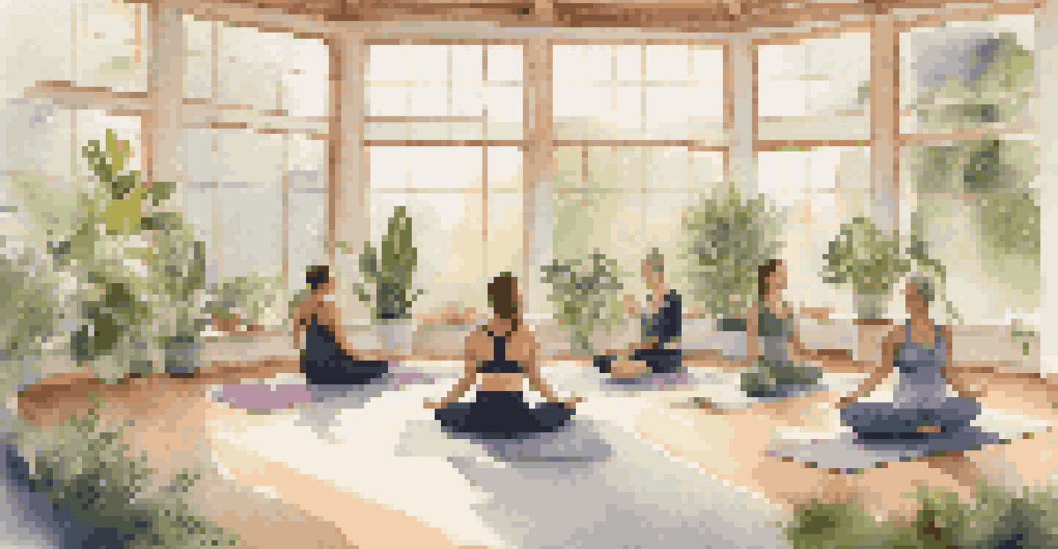 A yoga class in a bright room, with participants practicing in a circle, surrounded by plants and natural light.