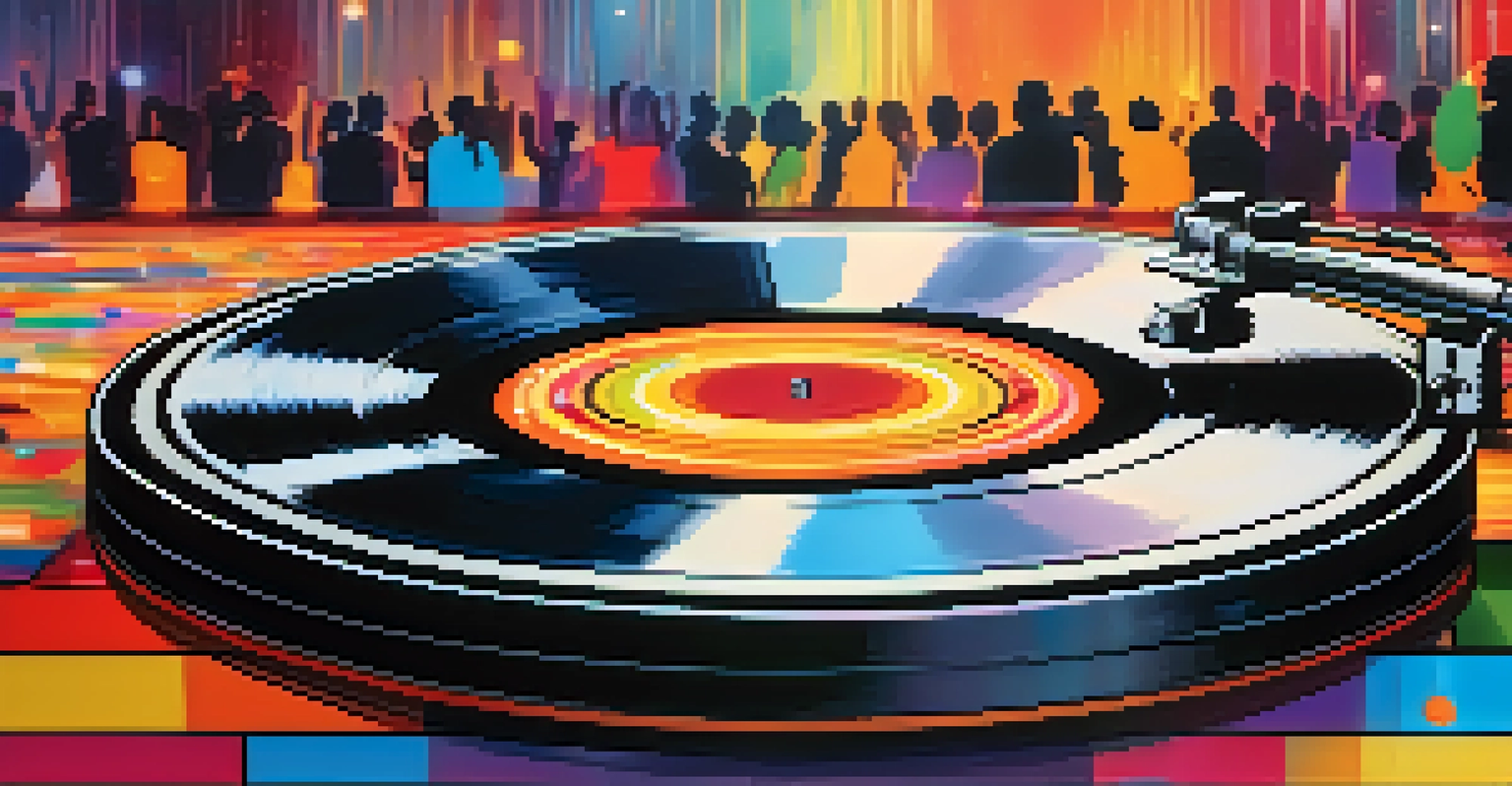 A close-up of a spinning vinyl record on a turntable with colorful music notes floating around, set against a blurred dance floor.