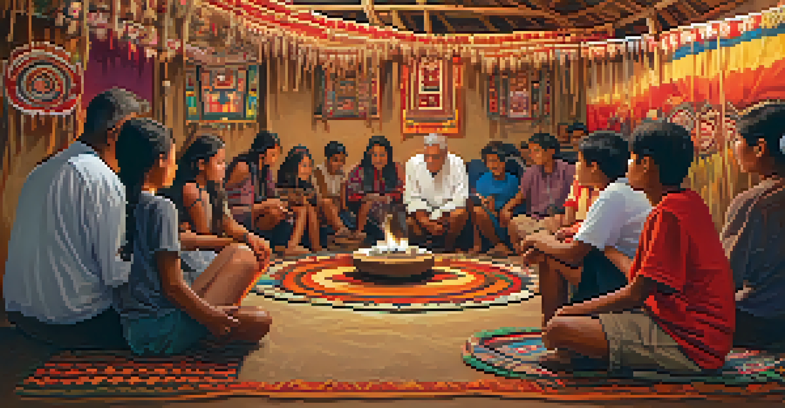 An elder sharing stories with young listeners at an Indigenous festival, surrounded by traditional decorations in a warm and cozy setting.