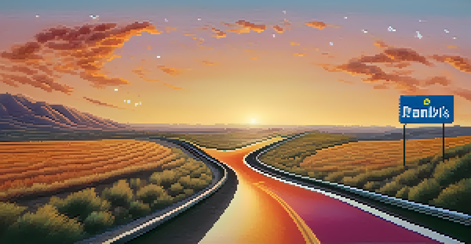 An illustrated winding road representing a brand's journey through music, lined with musical notes and advertising symbols under a colorful sunset.