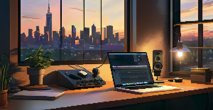 A cozy podcasting studio with a microphone, headphones, and a laptop, set against a city skyline at dusk.