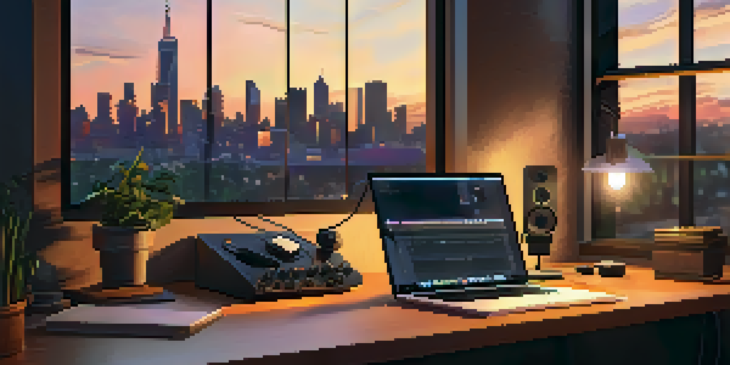 A cozy podcasting studio with a microphone, headphones, and a laptop, set against a city skyline at dusk.