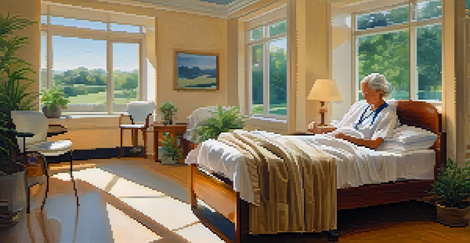 A peaceful hospital room with a patient in bed and a music therapist playing guitar, surrounded by calming decor and soft lighting.