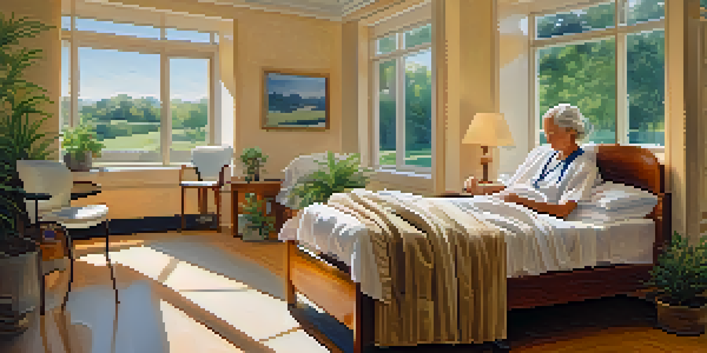 A peaceful hospital room with a patient in bed and a music therapist playing guitar, surrounded by calming decor and soft lighting.
