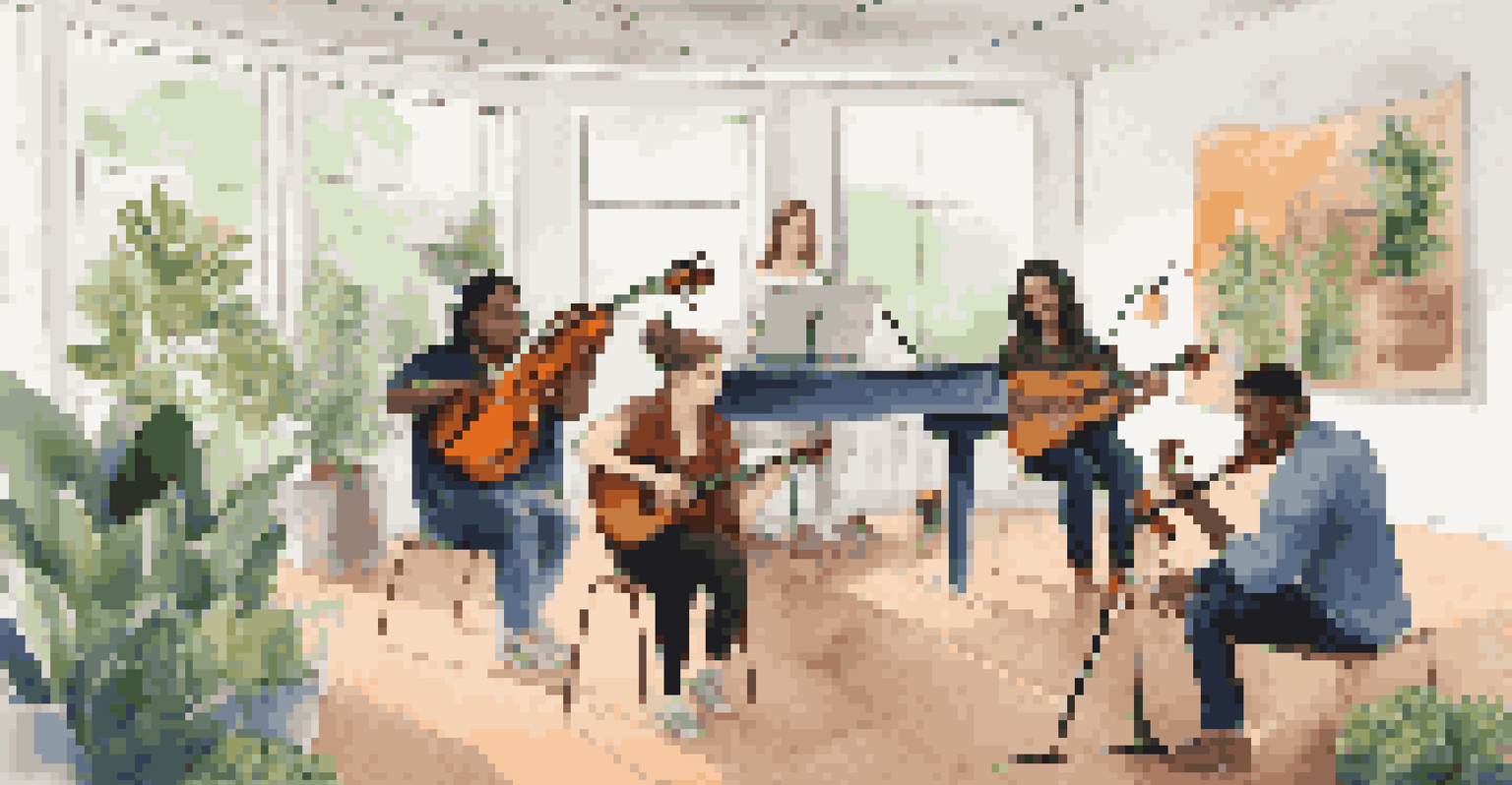 A group of diverse people engaged in an online music tutorial, surrounded by instruments and a modern bright room.