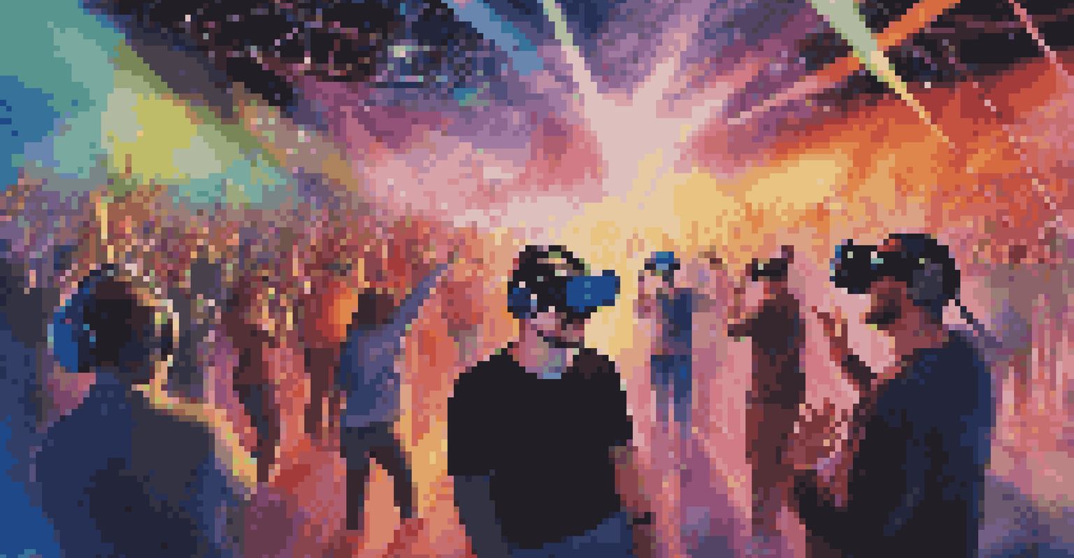 People wearing VR headsets enjoying a virtual reality concert in a colorful, immersive environment with dynamic visuals and lights.