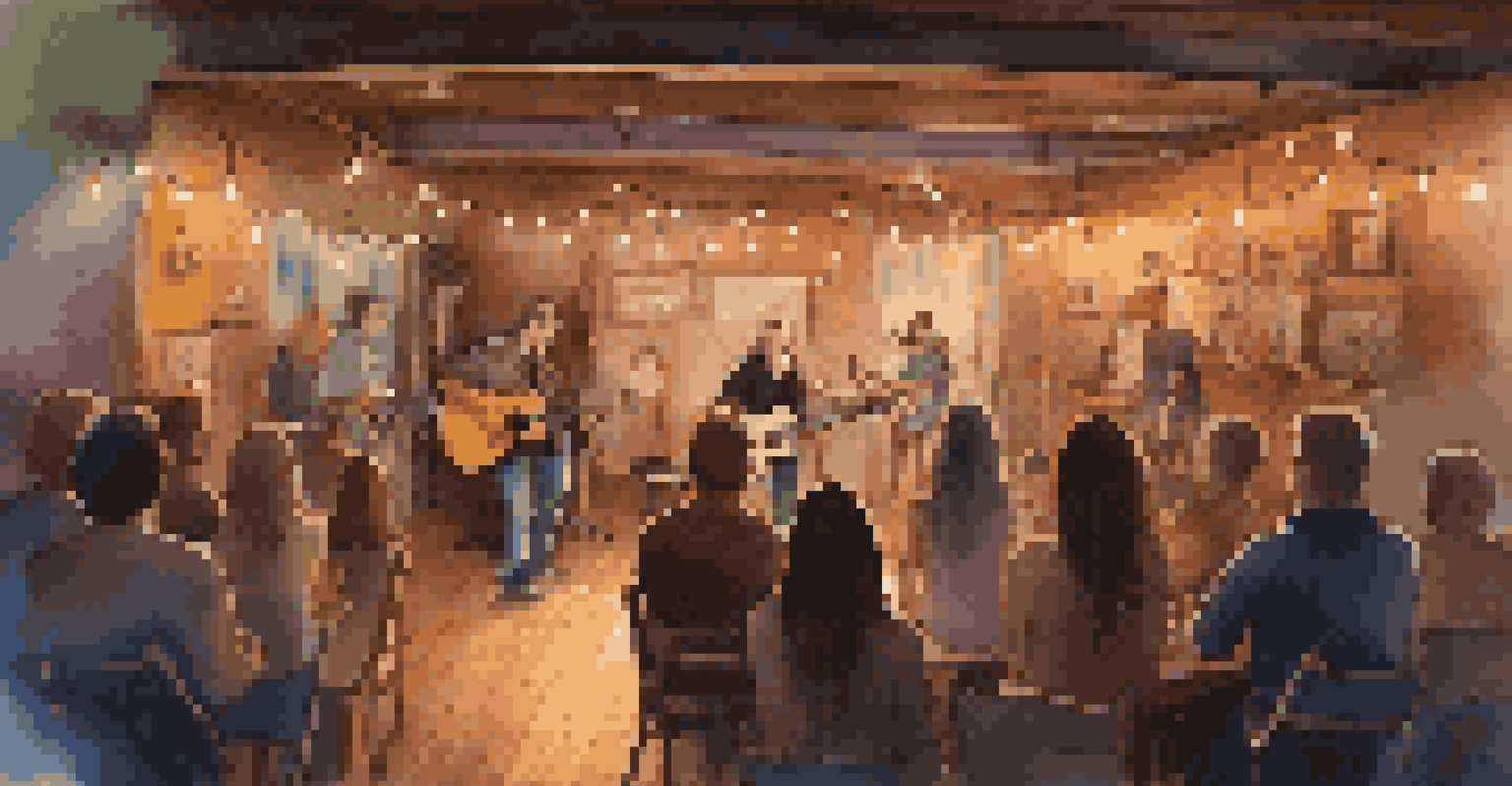 A cozy live music performance with musicians on stage and an engaged audience, surrounded by warm lighting and wooden textures.