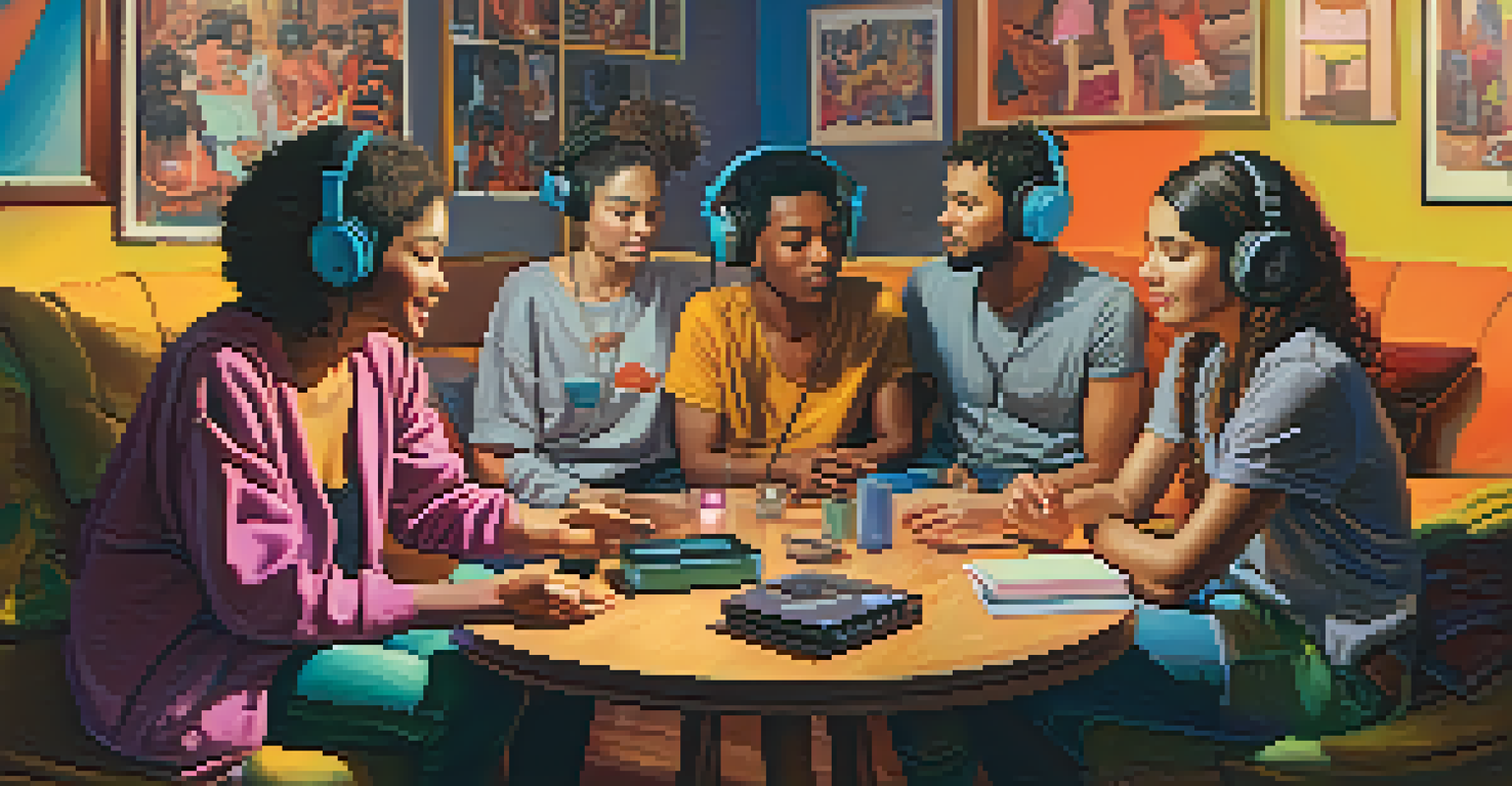A cozy room where a diverse group of friends share music through headphones. Colorful posters on the walls showcase artists who challenge gender norms, and warm lighting enhances the intimate atmosphere.