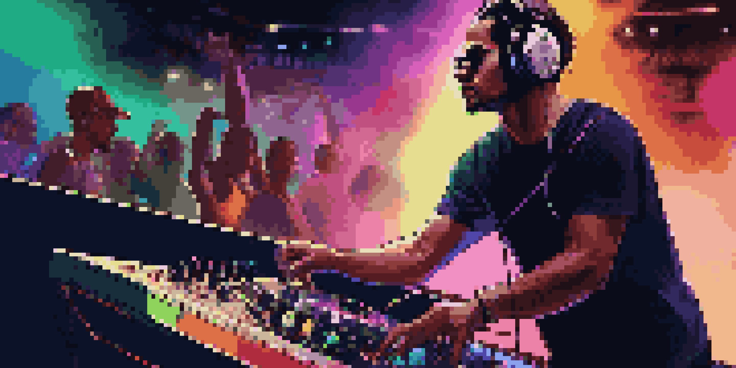 A DJ at a club, wearing headphones and mixing music, with colorful lights and a dancing crowd in the background.