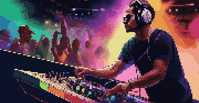A DJ at a club, wearing headphones and mixing music, with colorful lights and a dancing crowd in the background.