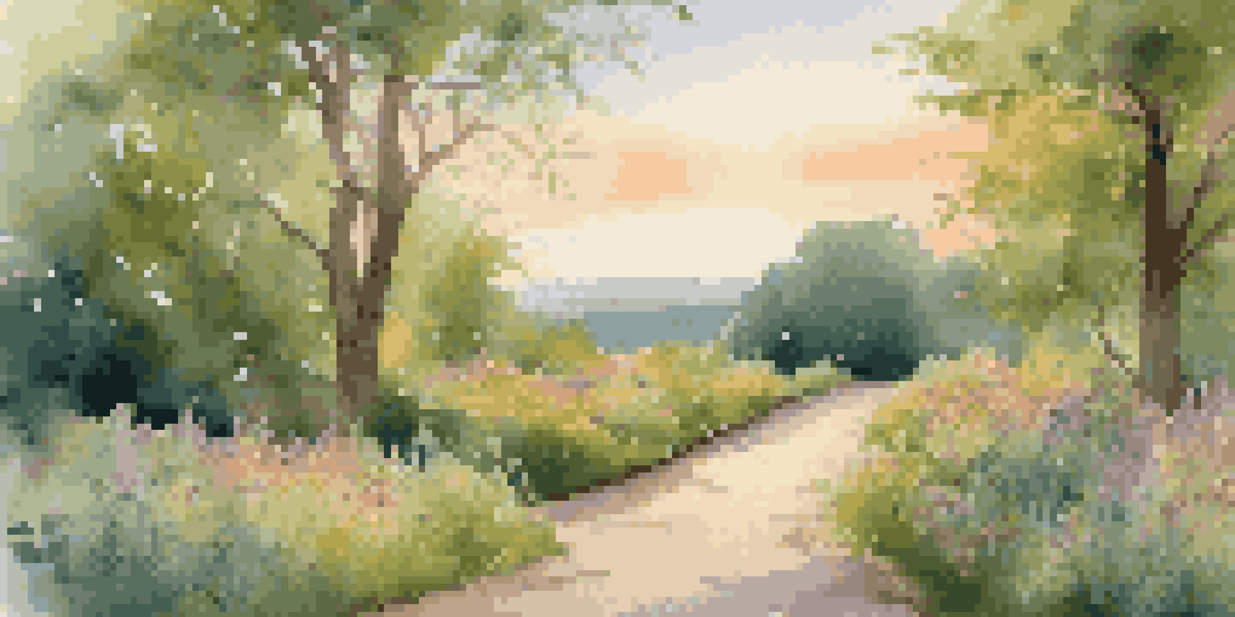 A peaceful park scene with a winding path, a wooden bench, and vibrant wildflowers under soft sunlight.