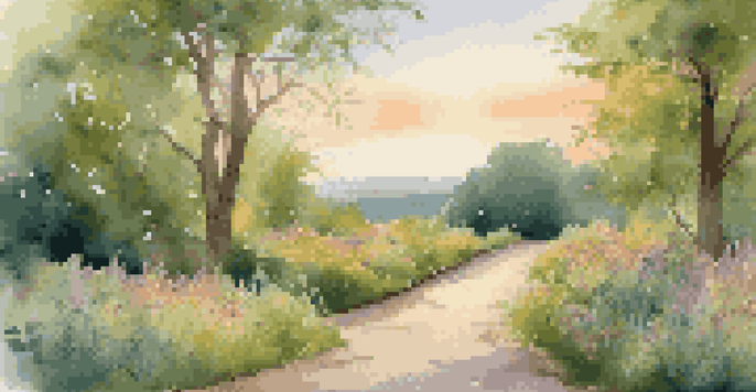 A peaceful park scene with a winding path, a wooden bench, and vibrant wildflowers under soft sunlight.