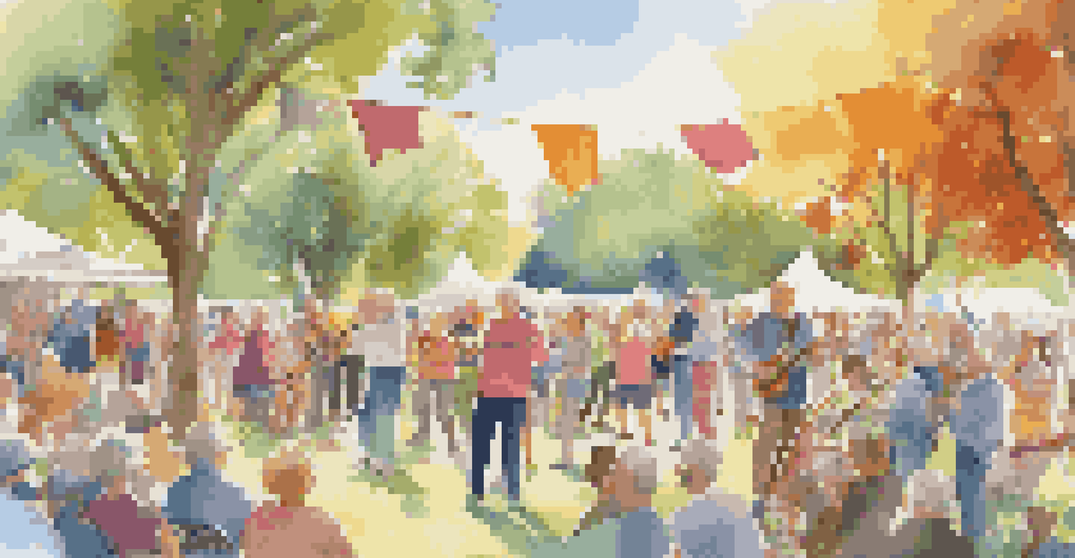 A lively community music event in a park, featuring seniors and younger individuals singing and dancing together.
