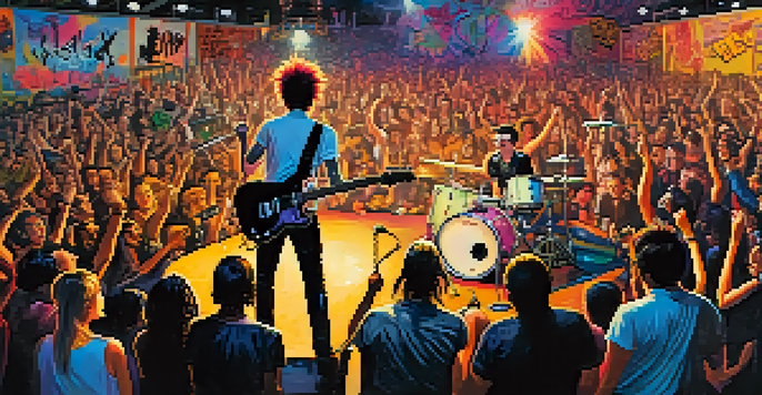 A lively punk rock concert with a diverse crowd and a vibrant stage, capturing the spirit of punk culture.