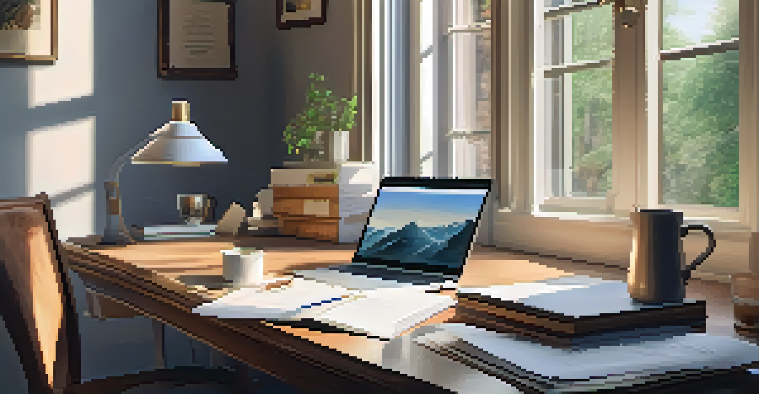 A cozy workspace with a laptop, coffee cup, and papers on a wooden desk lit by natural light.