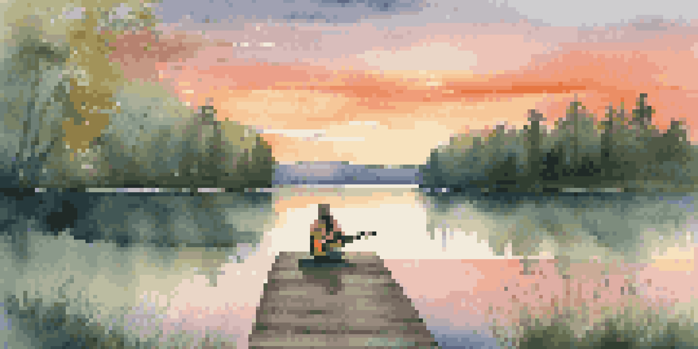 A person sitting on a wooden dock playing a guitar by a calm lake during sunset, surrounded by lush forests.