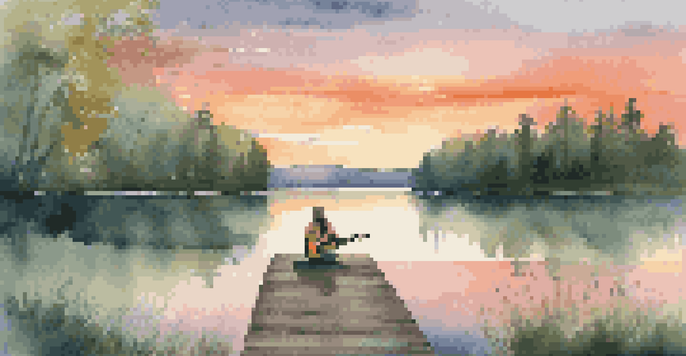 A person sitting on a wooden dock playing a guitar by a calm lake during sunset, surrounded by lush forests.
