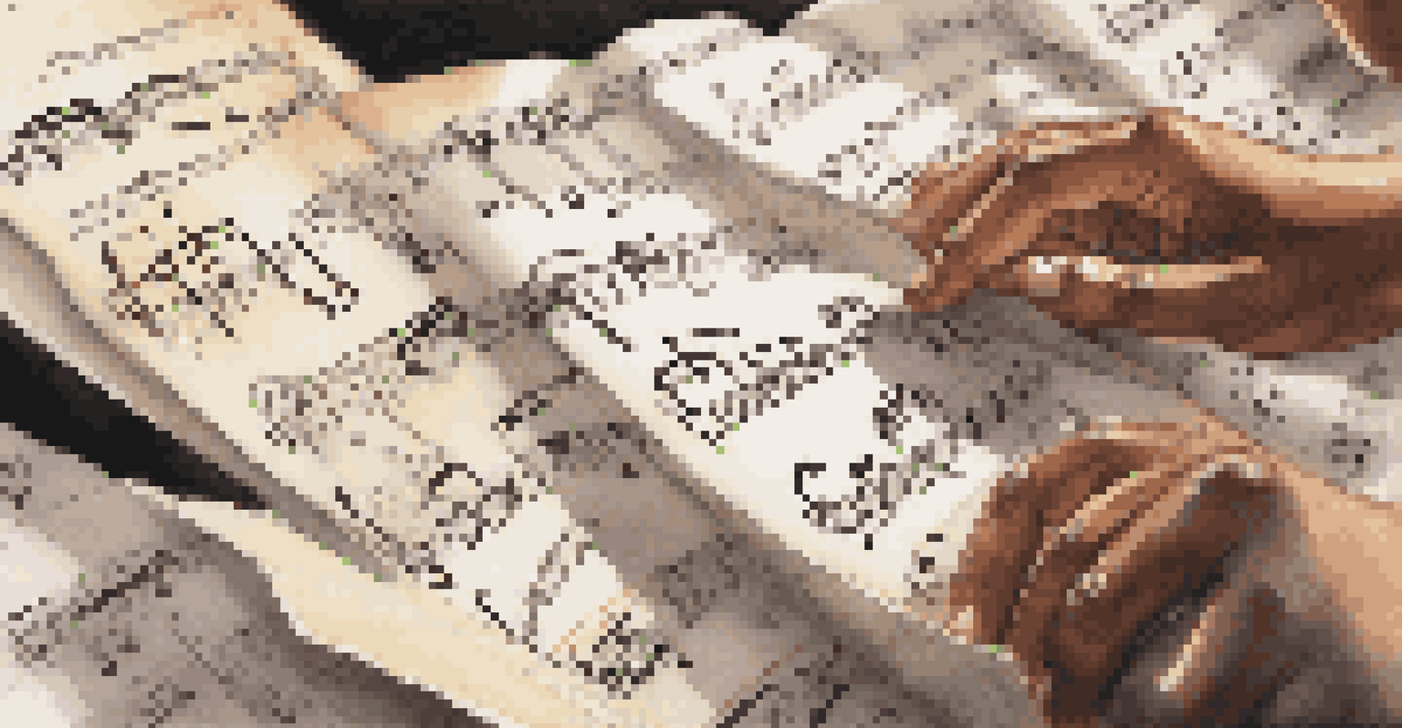 Close-up of hands holding sheet music, with choir members rehearsing in the background, symbolizing collaboration in music.