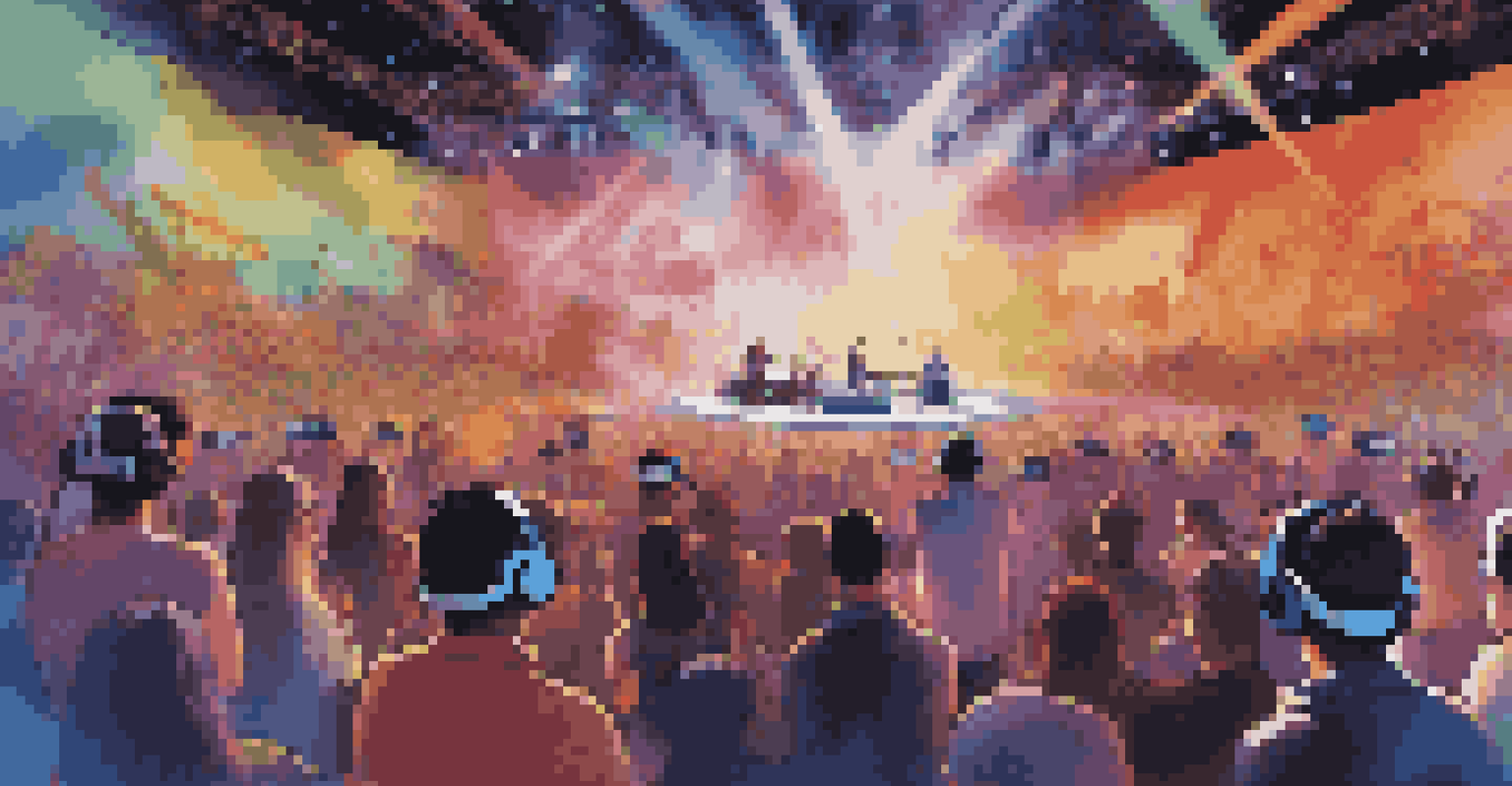 An audience at a virtual reality concert, experiencing a holographic display of musicians from different cultures.