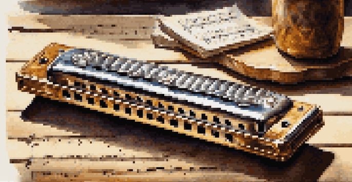Close-up of a harmonica on a wooden table with music sheets around it.