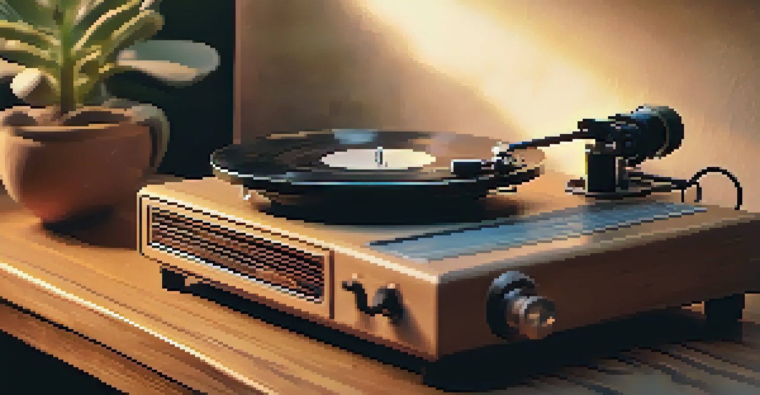 A close-up of a vintage vinyl record player with a spinning record, surrounded by warm lighting, a potted plant, and a cup of coffee.