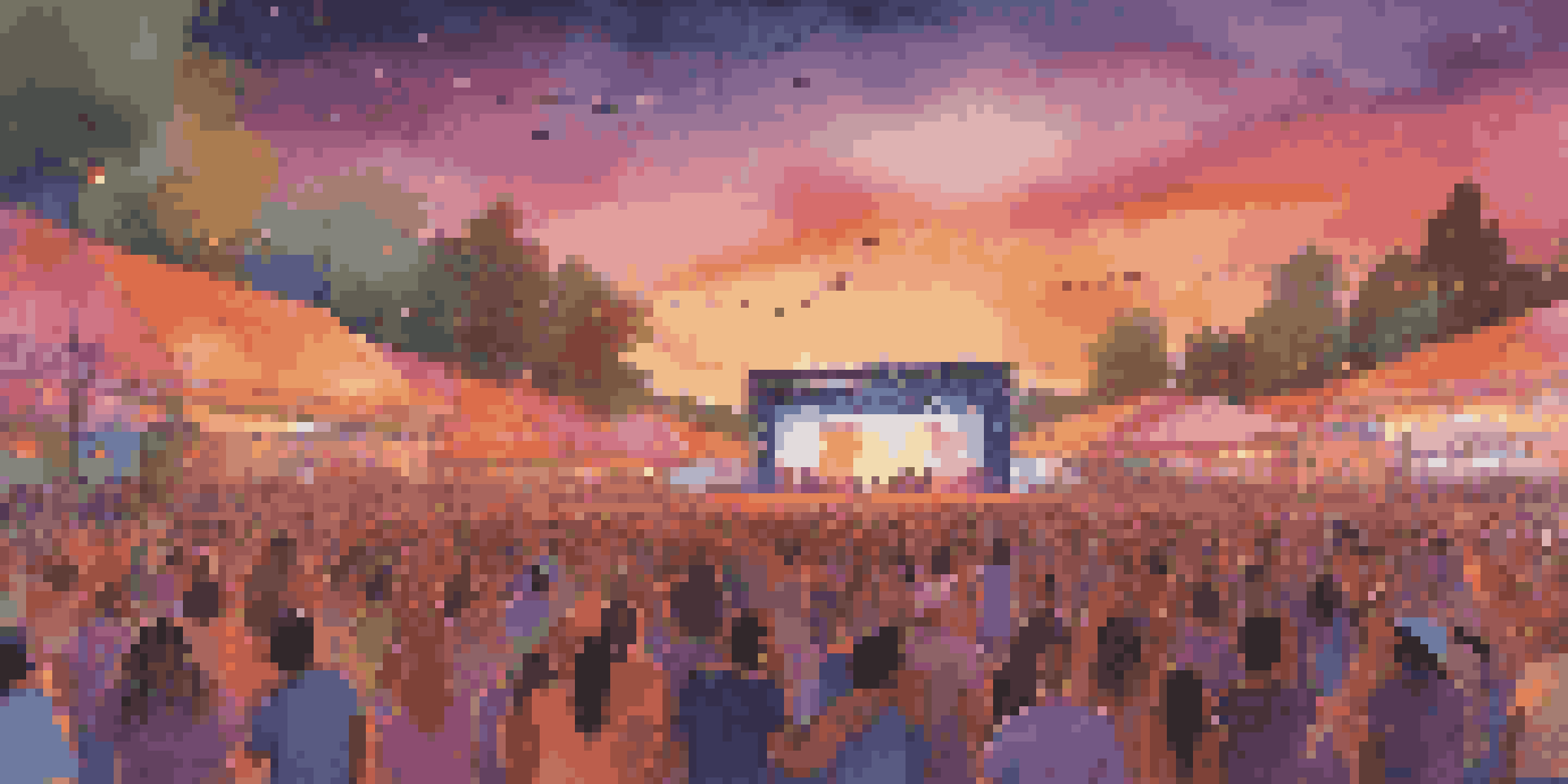 A colorful outdoor music festival at sunset with a diverse crowd and artists performing on stage.