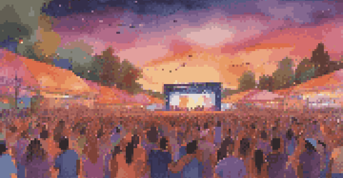 A colorful outdoor music festival at sunset with a diverse crowd and artists performing on stage.