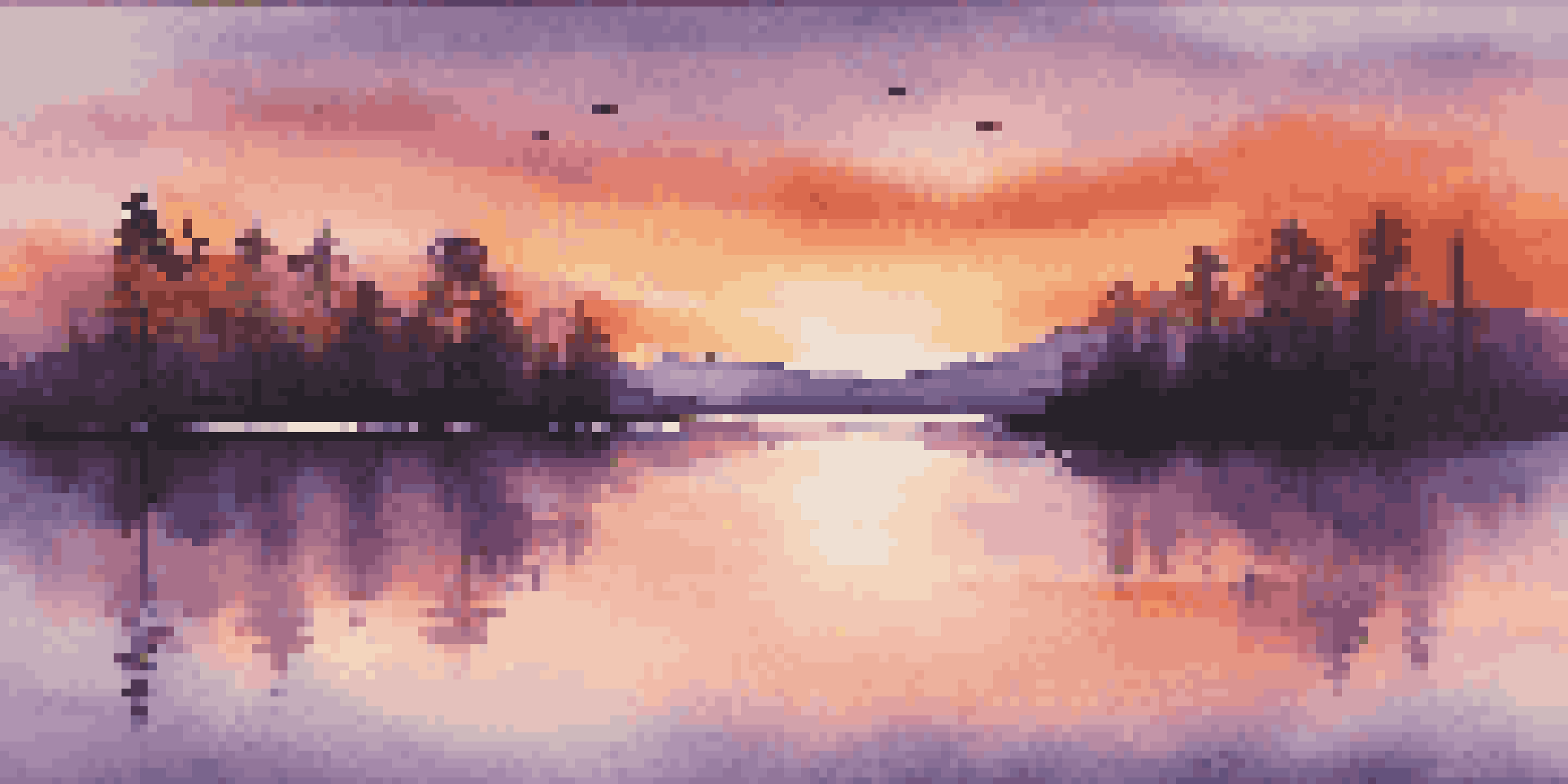 A tranquil sunset over a calm lake with silhouetted trees and mountains in the background.