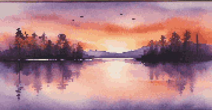 A tranquil sunset over a calm lake with silhouetted trees and mountains in the background.