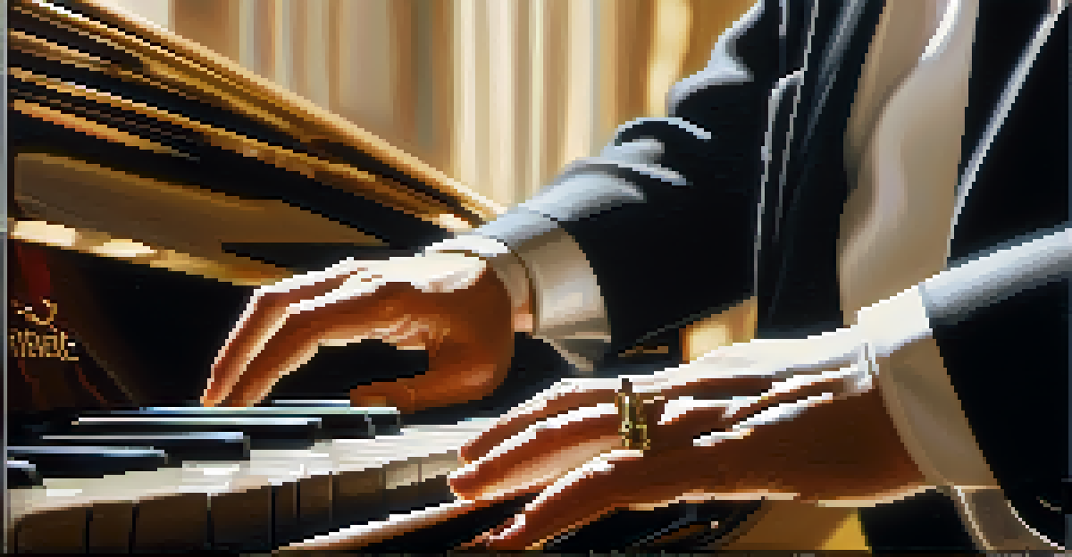 A close-up of hands playing a grand piano, showcasing the elegance and artistry of the performance.