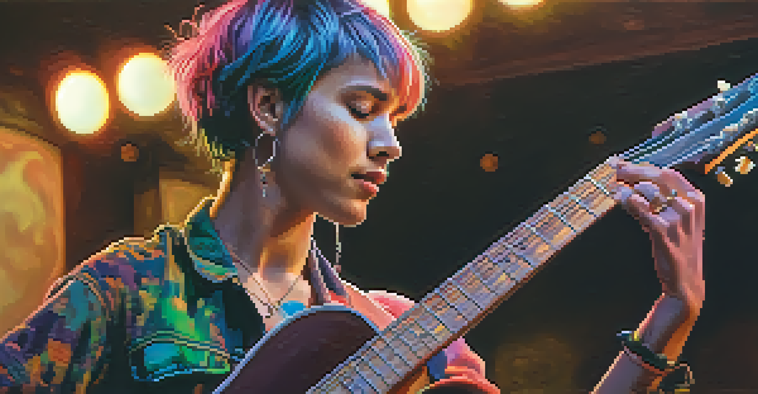 A young transgender musician passionately playing guitar on stage, illuminated by warm lighting.