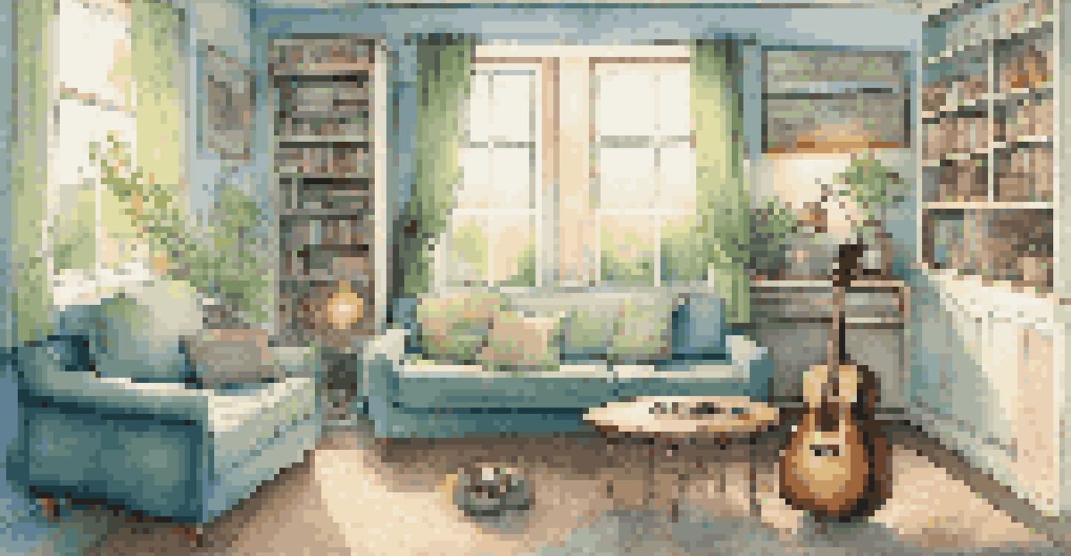 A cozy therapy room with a couch, musical instruments, and soft lighting.
