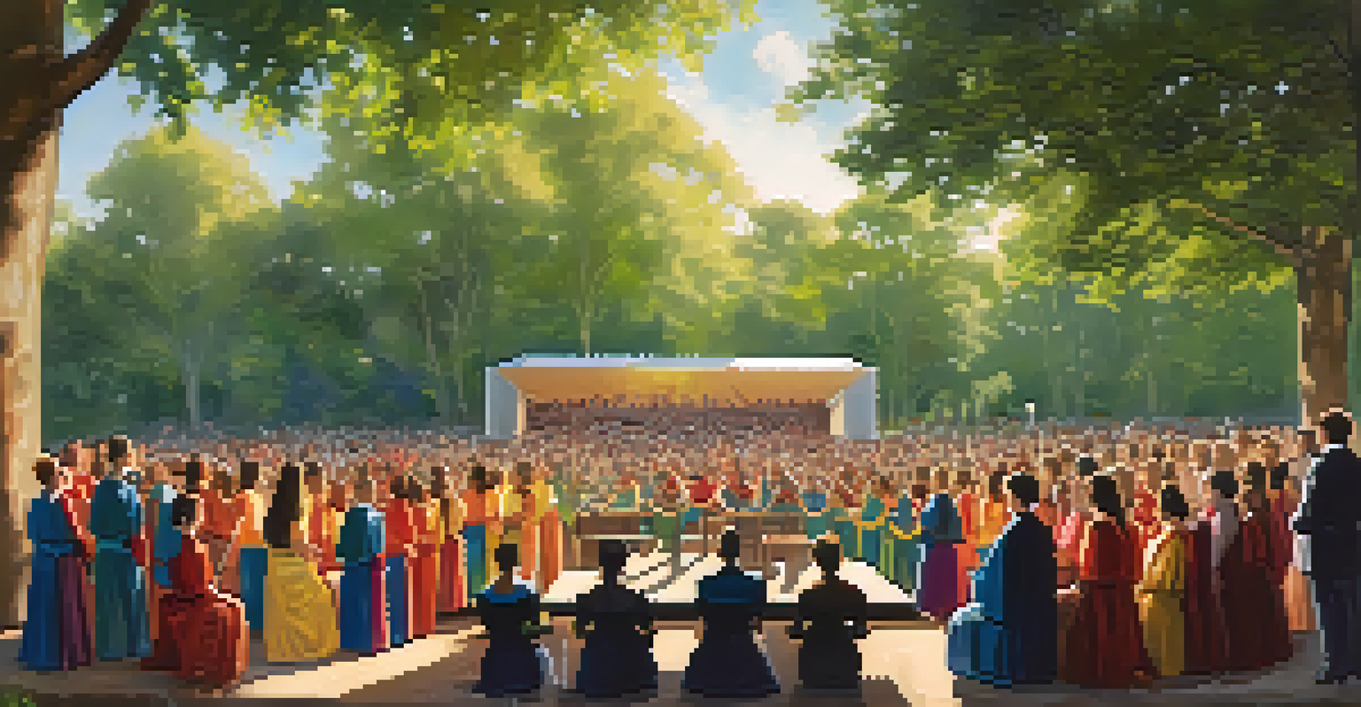 An outdoor concert with two choirs performing together on a sunny stage, surrounded by an engaged audience and lush greenery, showcasing vibrant costumes.