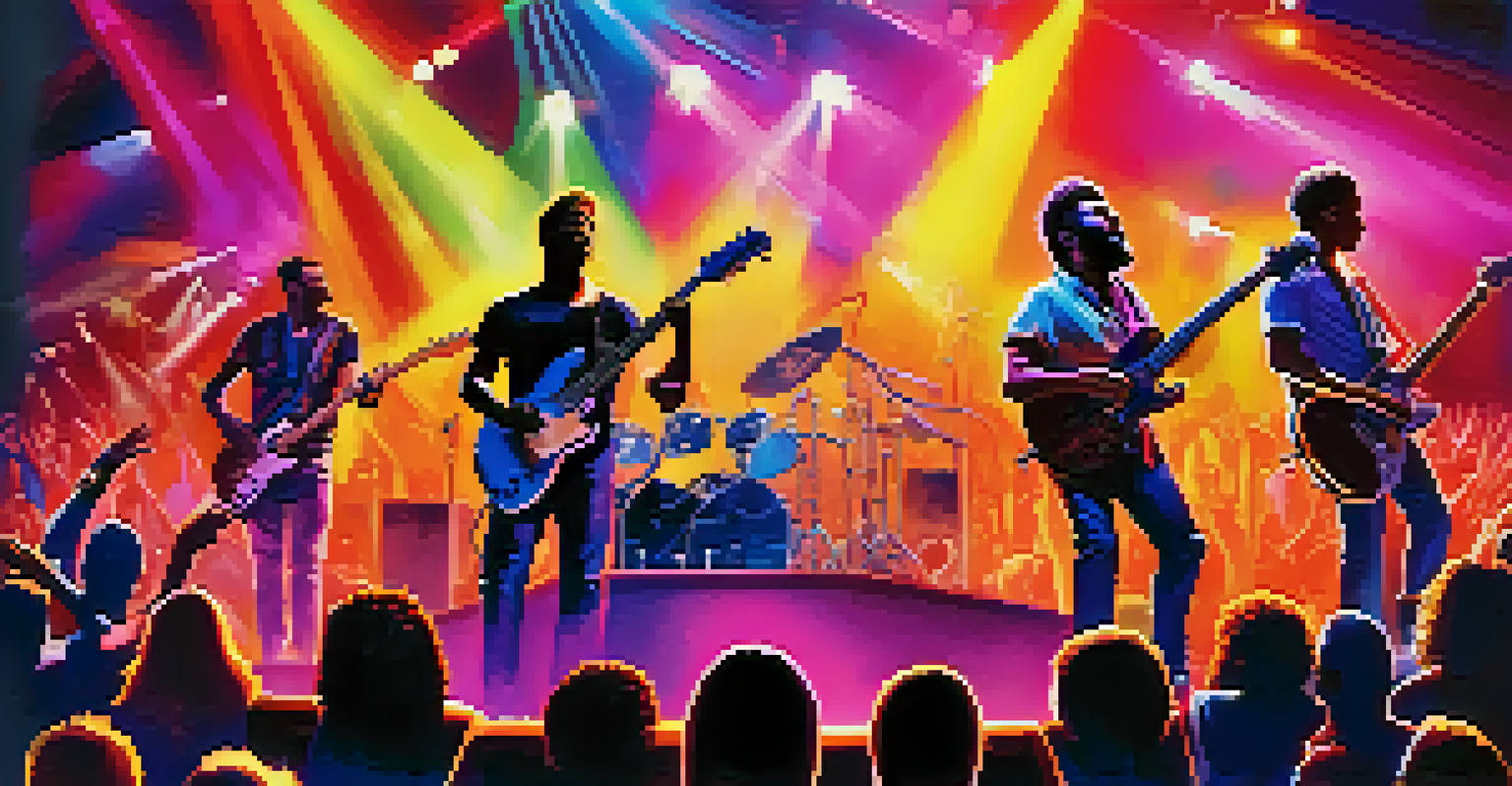 A diverse group of musicians performing on stage at a modern rock concert, with an excited audience and colorful stage lights.